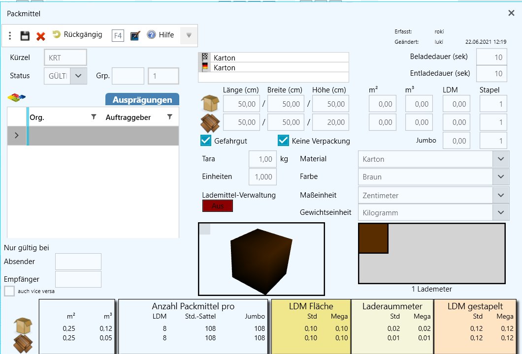 Packmittelverwaltung mit 3D Darstellung